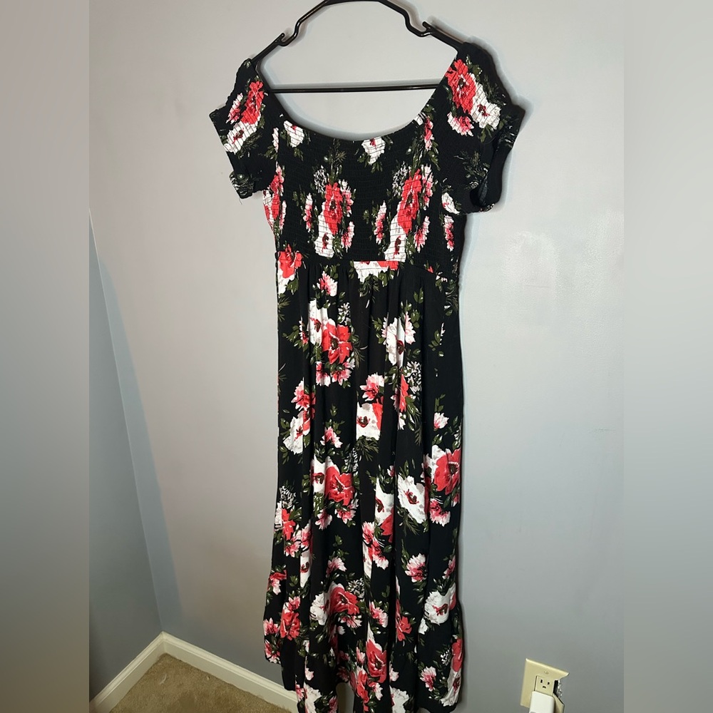 Torrid Black Maxi Dress with Red Floral Design